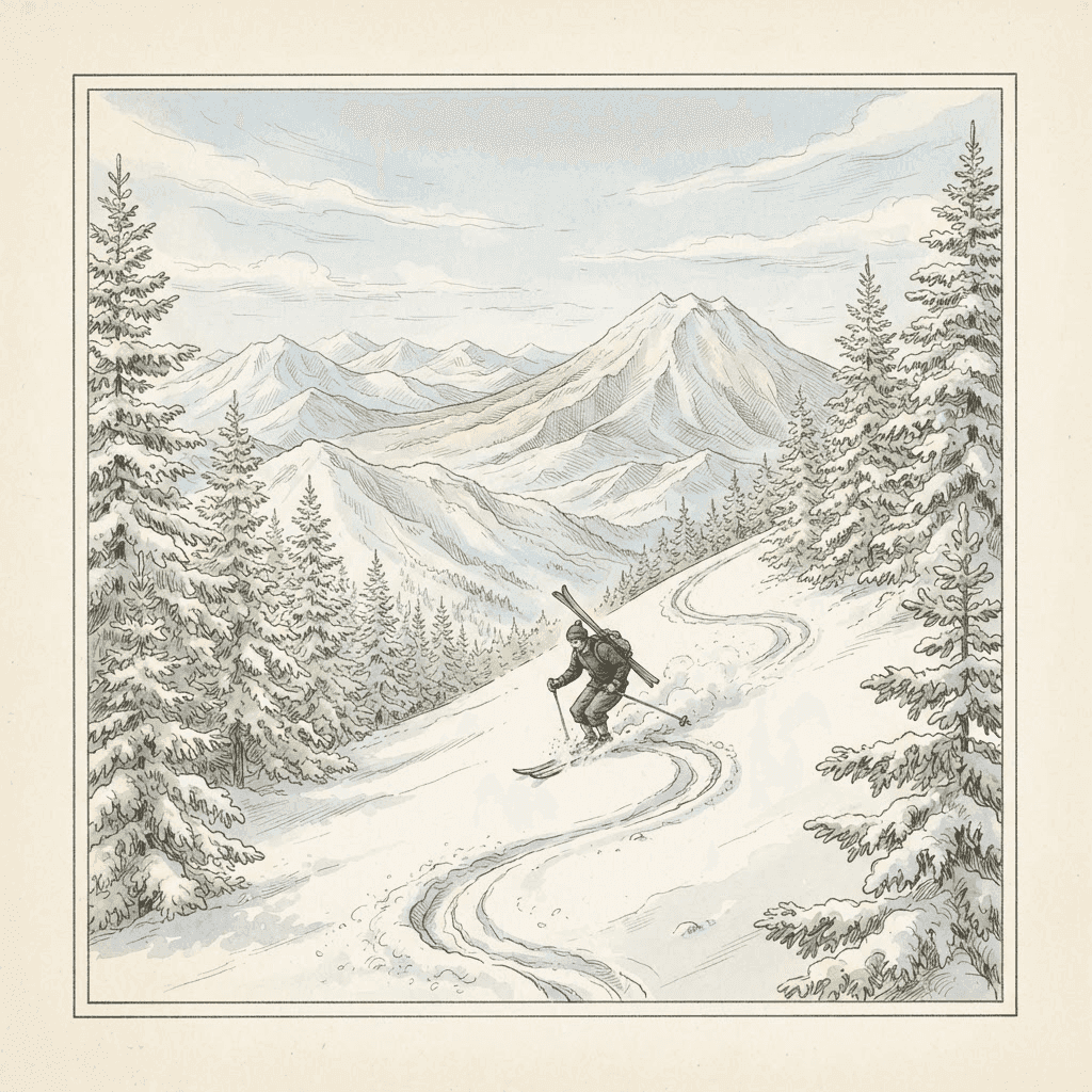 Hand-drawn illustration of the Hokkaido backcountry