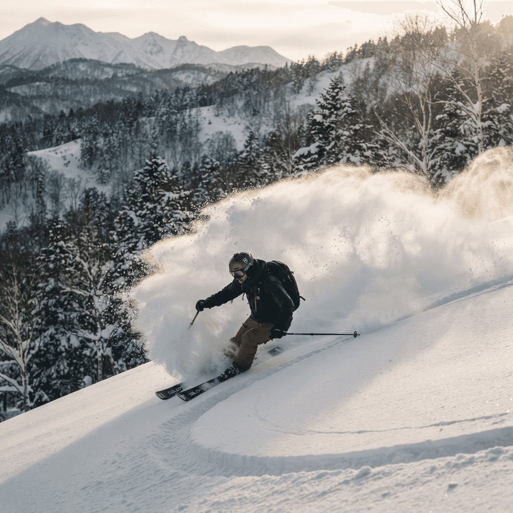 Skier spraying deep powder in Niseko