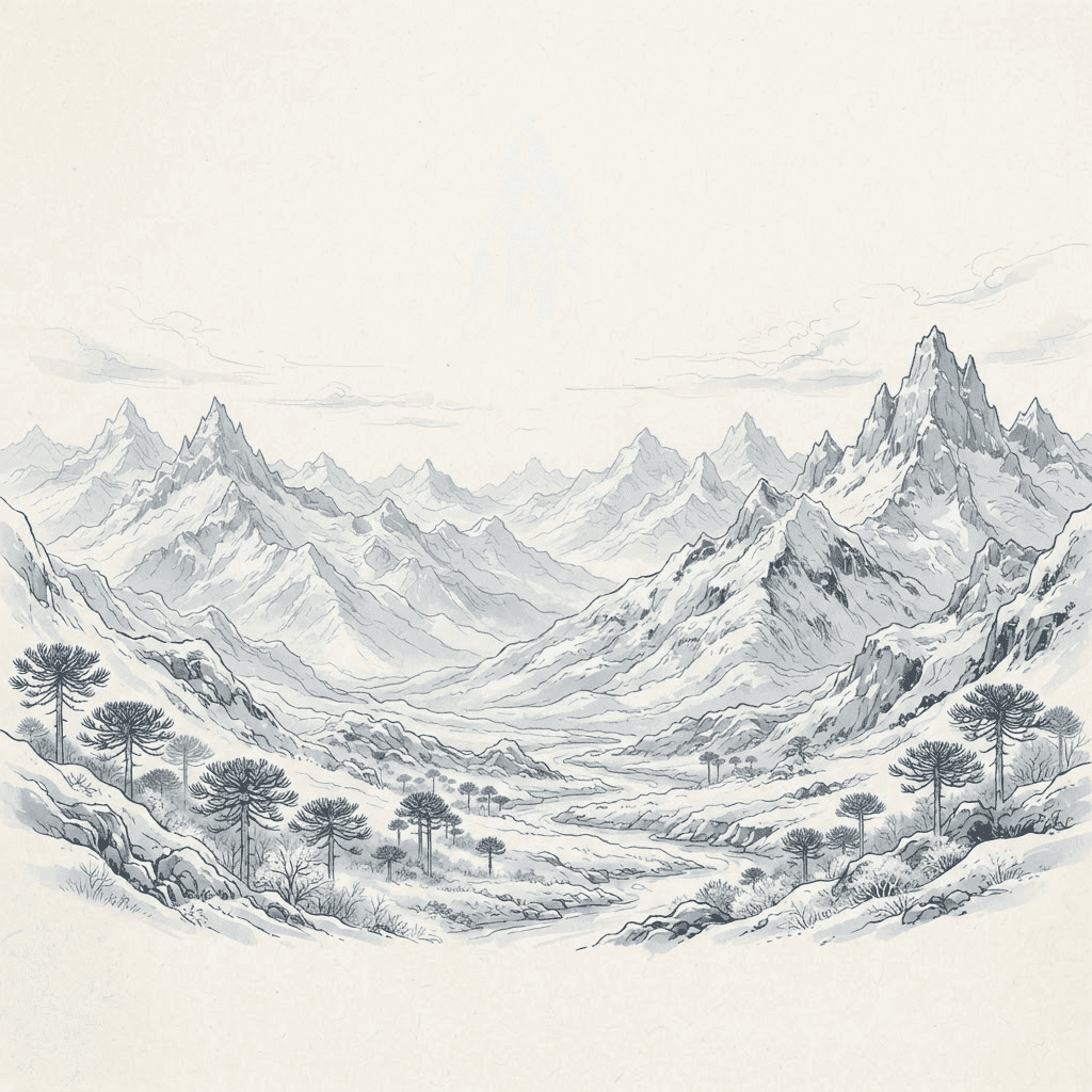 Hand-drawn illustration of the snow-covered Chilean Andes